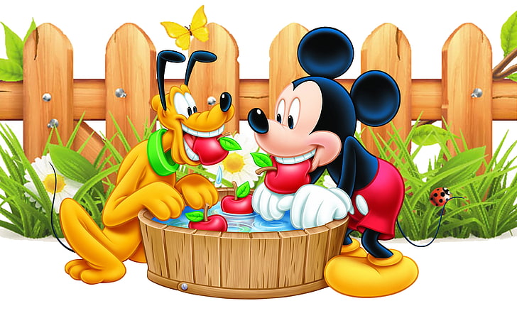 Mickey Mouse And Pluto Apple Red Wooden Fence Desktop Wallpaper Hd 2880×1800
