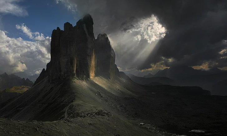 rock formation, mountains, sun rays, Dolomites (mountains), clouds, HD wallpaper