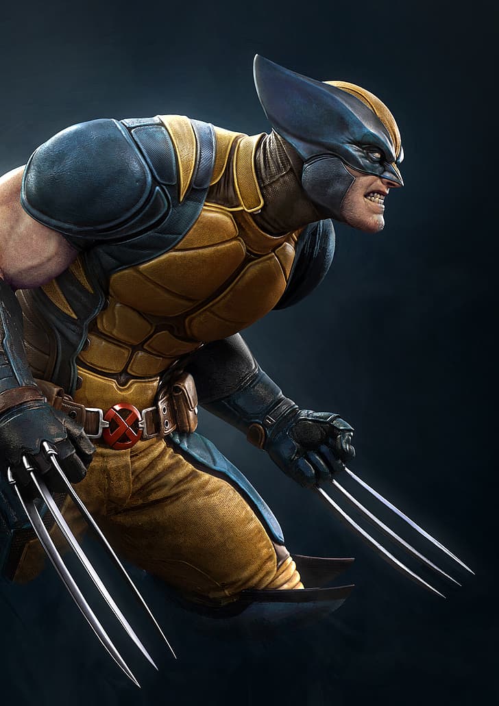 X-Men, Wolverine, claws, artwork, blue background, Mutant