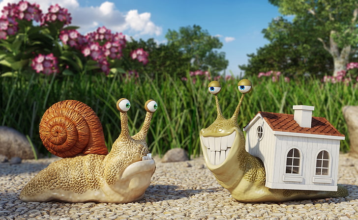 two snail figurines, artwork, nature, plant, animal representation