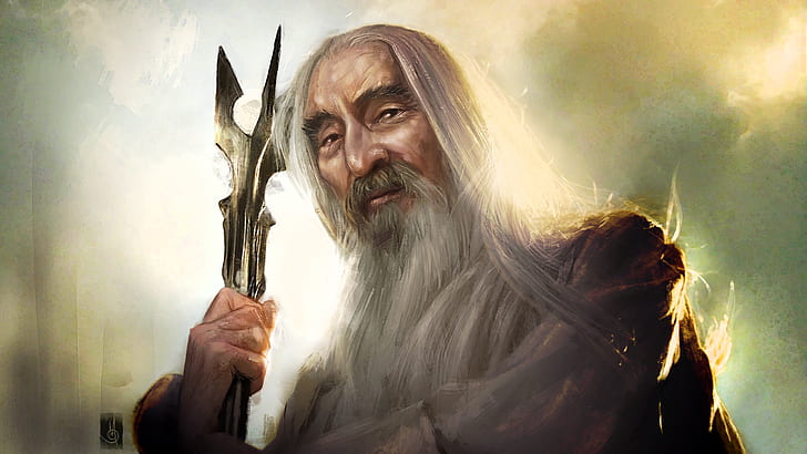 portrait, artwork, staff, beards, wizard, Christopher Lee, The Lord of the Rings