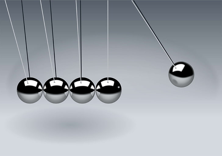 action, balls, black and white, illustration, motion, newtons cradle, HD wallpaper