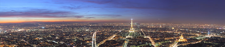 Eiffel tower, city, Paris, triple screen, building exterior, cityscape