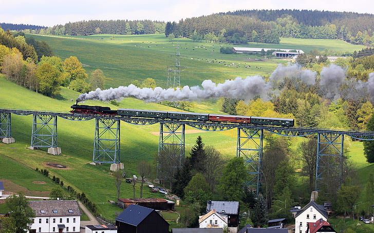 Erzgebirge, Saxony, Germany, bridge, train, pasture, houses, HD wallpaper