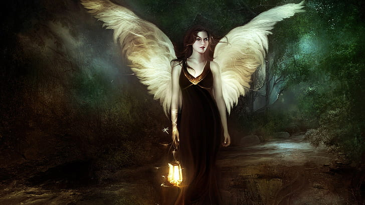 fantasy girl, wings, lantern, fantasy art, artwork, angel, HD wallpaper