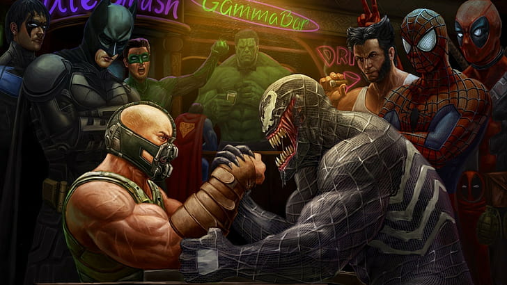 Arm Wrestling DC vs Marvel Drawing Venom Bane Nightwing Batman Green Lantern Hulk The Hulk Wolverine HD, HD wallpaper
