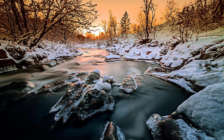Norway, forest, trees, river, snow, ice, winter, sunset