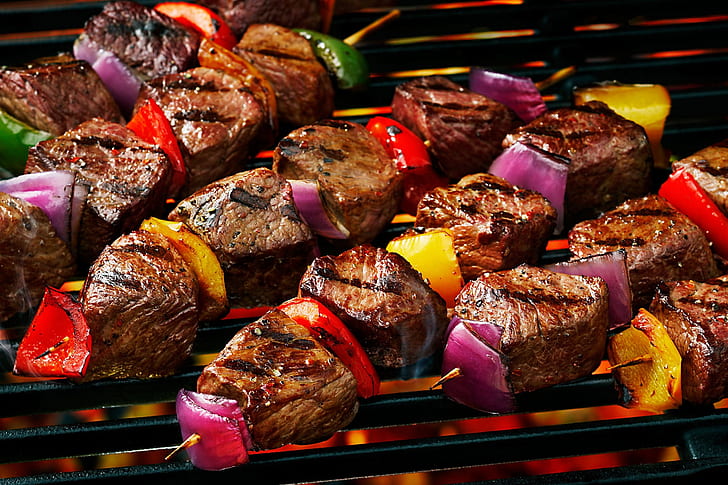 meat, vegetables, kebab, HD wallpaper