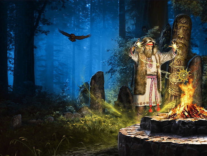 Owl, Fire, Forest, The sorcerer, Paganism, Kolovrat, Idol