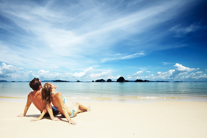 women's blue bikini, sand, sea, beach, girl, clouds, pair, surf, HD wallpaper