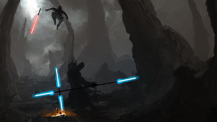 blue and red lightsabers, Star Wars, Sith, Jedi, burning, illuminated, HD wallpaper