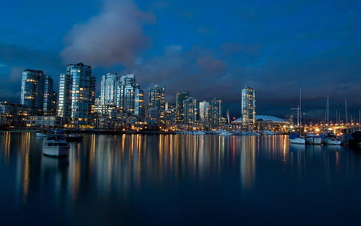 city, anime, cityscape, Vancouver, night, water, lights, reflection