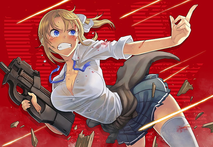 female anime character holding P90 assault rifle wallpaper, FN P90