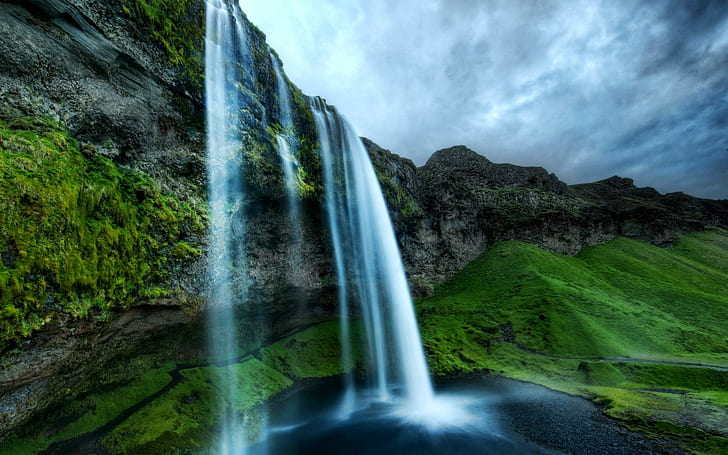 Beautiful Falls, mountain, waterfalls, rock, nature, green, hill, HD wallpaper