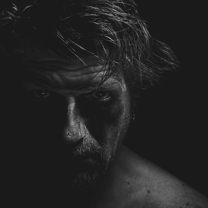 grayscale photo of man taking selfie on dark room, Portrait, nikon  D600