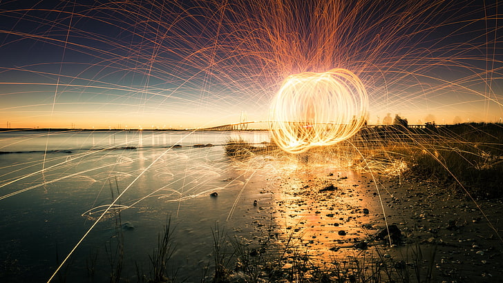 steel wool photography, sparks, nature, Flame Painter, river