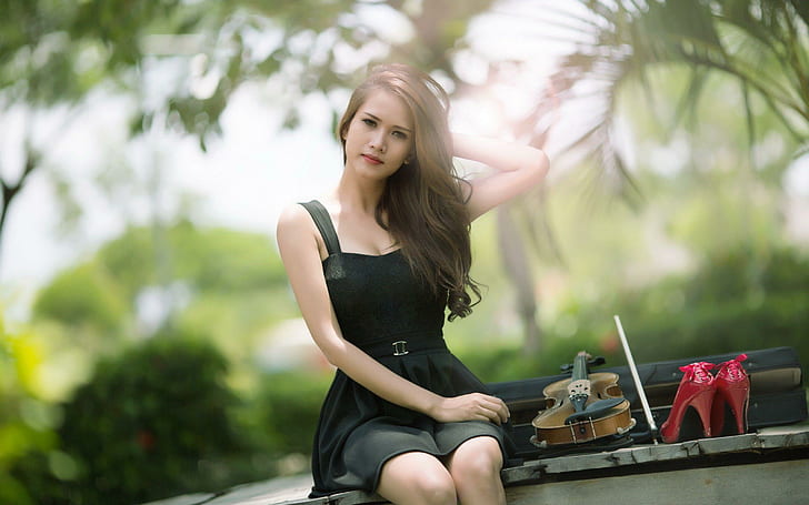 Asian girl on a bench, women's black sun dress, girls, 2560x1600, HD wallpaper
