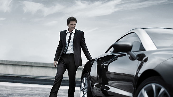 men's black suit jacket, man, tuxedo, car, style, businessman, HD wallpaper