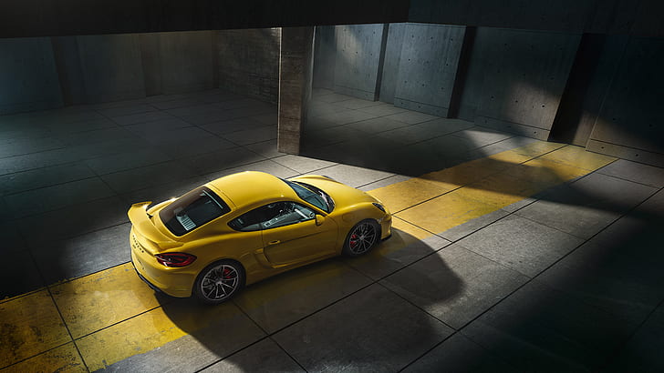 Porsche Cayman GT4, Yellow Car, Parking, Cars