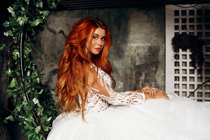 Dana Bounty, women, model, redhead, portrait, wedding dress, HD wallpaper