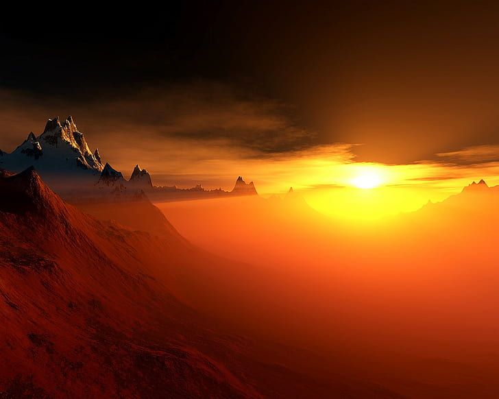 mountains, sunset, landscape, digital art, red, sunlight