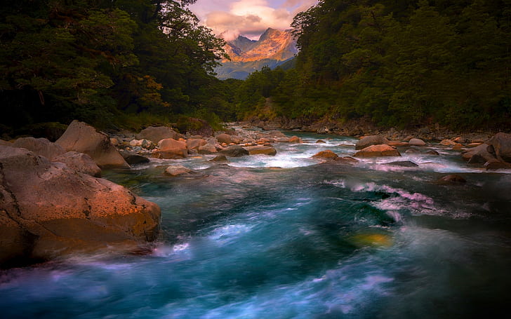 nature, landscape, river, rapids, mountains, sunset, trees, HD wallpaper