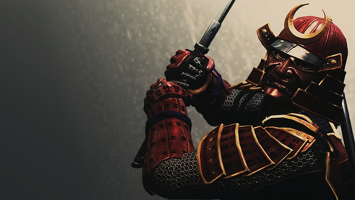 samurai digital wallpaper, rendering, background, armor, helmet, HD wallpaper