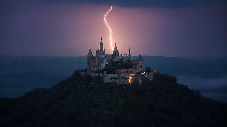 phenomenon, germany, strike, lightning strike, landscape, hohenzollern castle, HD wallpaper