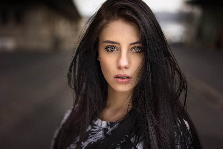 women's black and white scoop-neck top, brunette, face, blue eyes, HD wallpaper