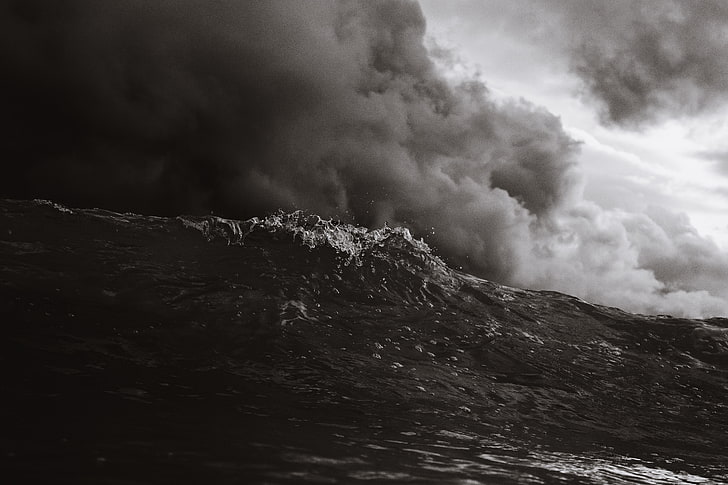 grayscale photography of beach waves, nature, landscape, clouds
