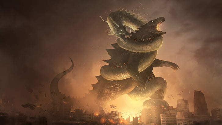Godzilla, Battle, Dragon, Kaiju, Lao Shan Lung, HD wallpaper