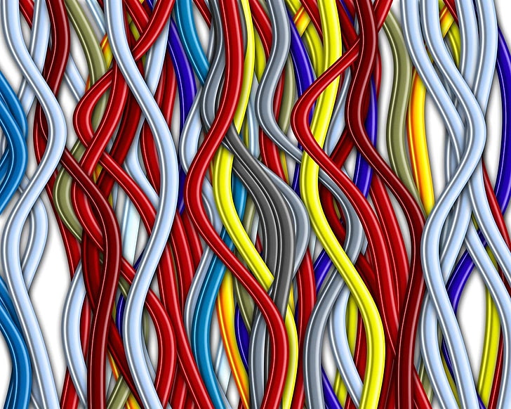 red, blue, and green abstract painting, wires, multi colored