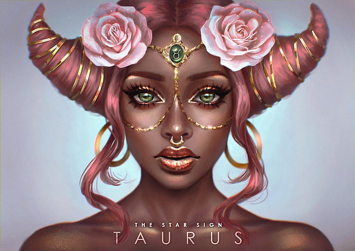 Zodiac ~ Taurus, pink, horns, art, frumusete, brown, luminos, HD wallpaper