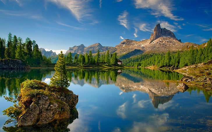 lake surrounded by pine trees, Dolomites (mountains), forest, HD wallpaper