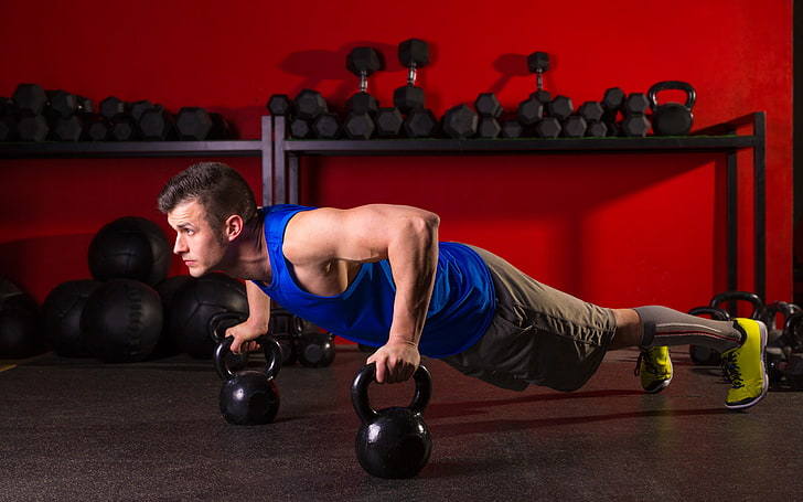 two black kettle bells, sports, exercise, man, push-ups, weights, HD wallpaper