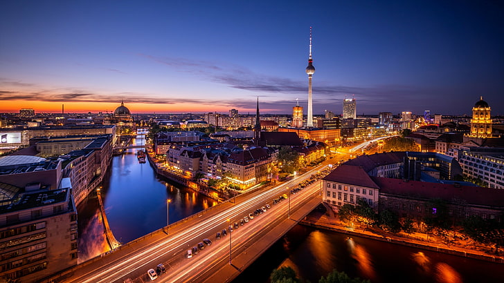 germany, europe, city lights, fernsehturm, berliner fernsehturm, HD wallpaper