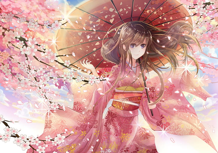 HD wallpaper: umbrella kimono original characters pink cherry blossom ...
