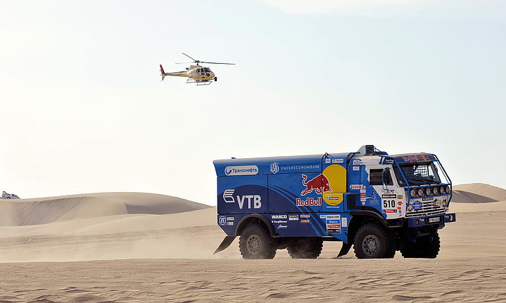 blue and white truck, machine, Auto, Sport, Desert, Helicopter, HD wallpaper