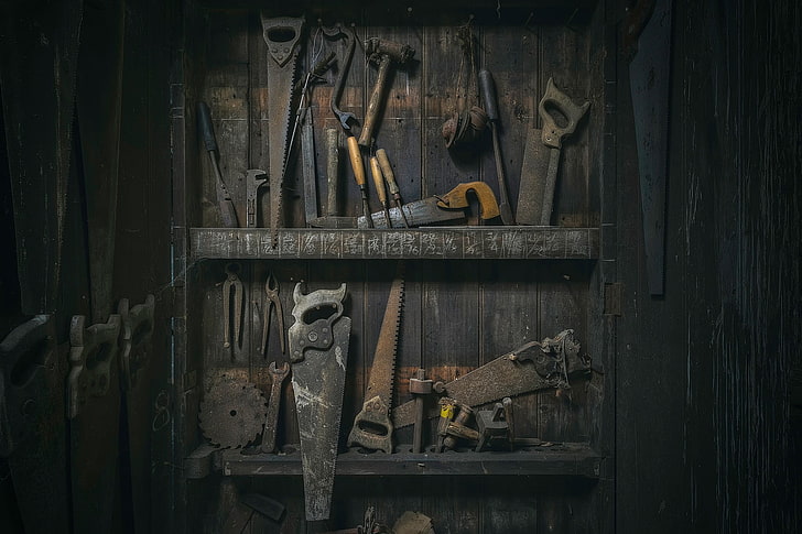 brown carpentry tool lot, tools, no people, indoors, wood - material
