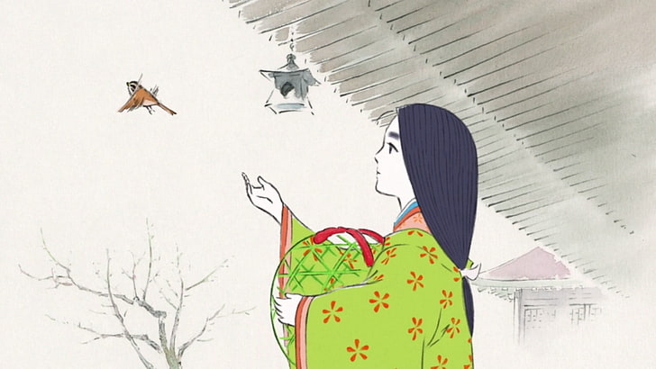 woman wearing green and red floral long-sleeved top artwork, The Tale of Princess Kaguya