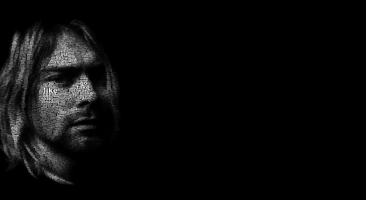 Kurt Cobain, Artistic, Typography, Black, black and white, portrait, HD wallpaper