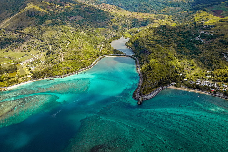 island, aerial view, ocean, coast, maconde, mauritius, water, HD wallpaper
