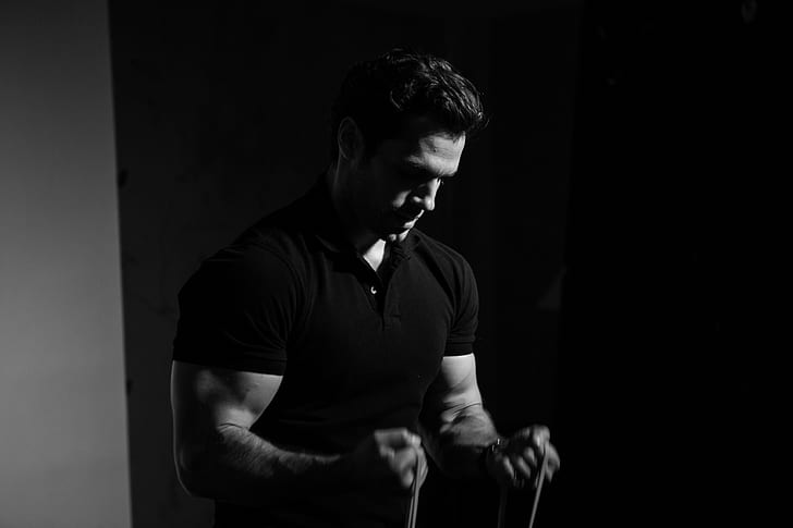 t-shirt, actor, black and white, muscles, athlete, biceps, Henry Cavill, HD wallpaper