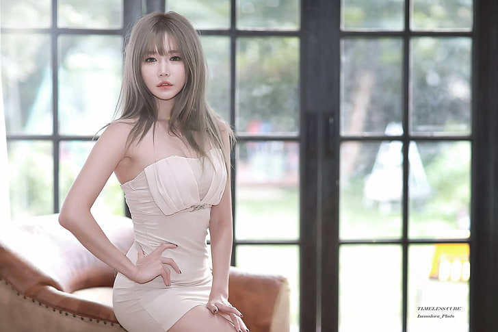 women's white strapless bodycon mini dress, Han Ga Eun, Asian
