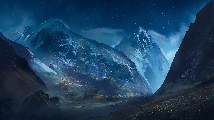 village, landscape, mountains, peak, night, night sky, starry, HD wallpaper