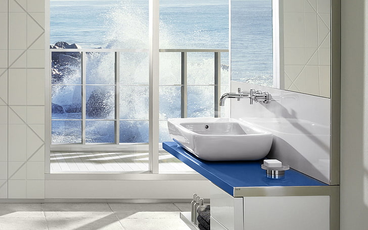 white ceramic sink, windows, light, furniture, sea, luxury, bathroom