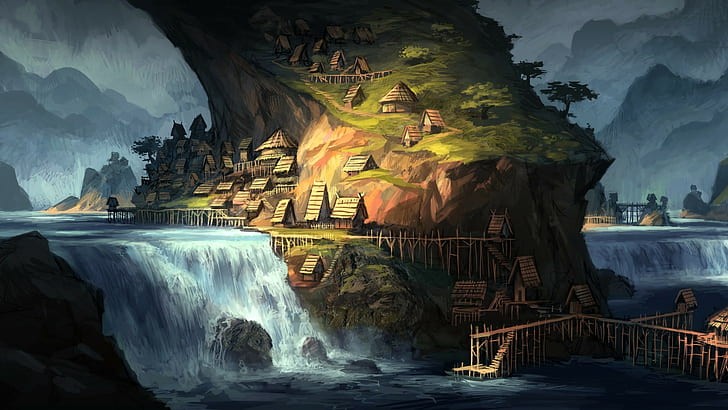 village, waterfall, fantasy art