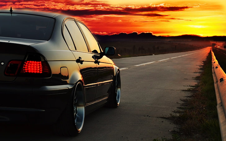 black sedan, BMW E46, Photoshop, sunset, road, driving, car, transportation