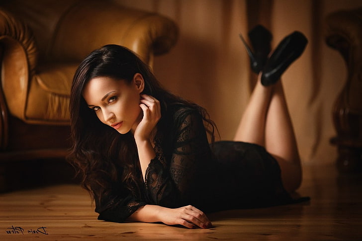 Angelina Petrova, Black Dress, High Heels, Legs Up, On The Floor, HD wallpaper