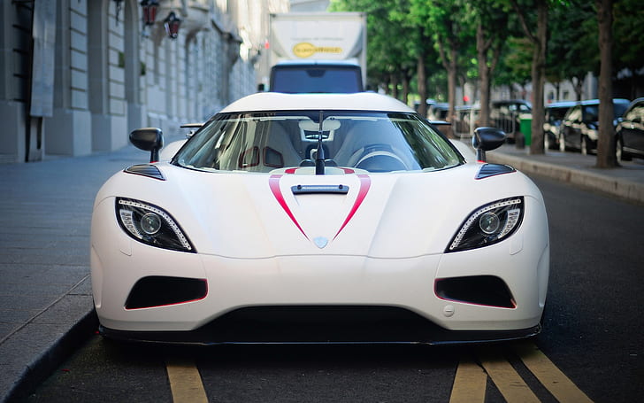 Koenigsegg white supercar front view